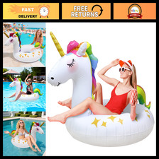 Giant Unicorn Pool Float - 51.5" Heavy Duty Inflatable Swim Ring, Rainbow Tail,