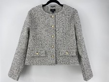 Evereve Jacket Women Large Gray Tweed Check Blazer Gold Button Office Crop Lined