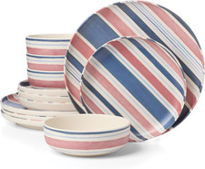 Stylish 12-Piece Melamine Dinnerware Set - Dishwasher Safe Stripe Pattern