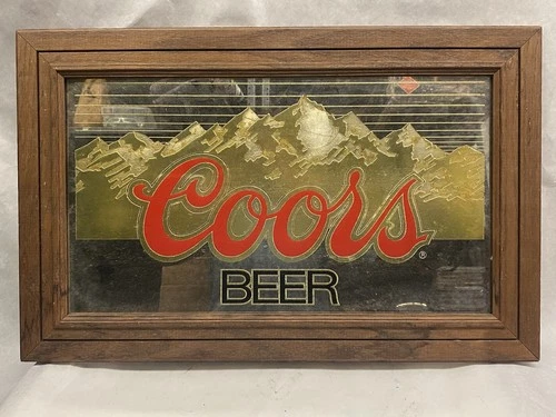 1983 VINTAGE COORS BEER MOUNTAINS MIRROR BAR MAN CAVE SIGN WOOD FRAME 27.5X17.5