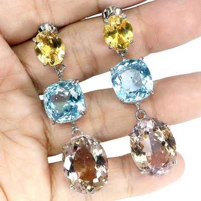 925 Sterling Silver Earrings Oval Ametrine 63ct Topaz Handmade Gemstone Jewelry