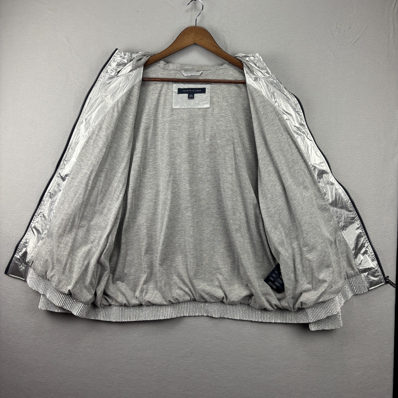 Tommy Hilfiger Metallic Silver Hooded Windbreaker Jacket Women's XL Full Zip thumbnail 3