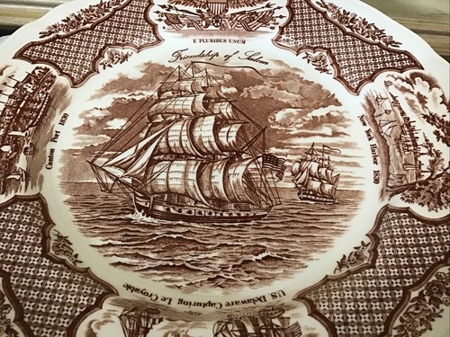 6 Staffordshire Brawn Transferware Fair Winds Nautical Scene Dinner Plates EUC - Picture 8 of 8