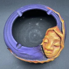 Studio Art Ashtray P Mykoo Jamaica Face Pottery Celestial Woman Purple & Gold