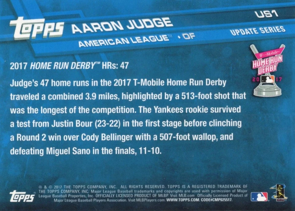 2017 Topps Update Series Aaron Judge Home Run Derby Rookie RC #US1 NY Yankees - Image 2 of 2