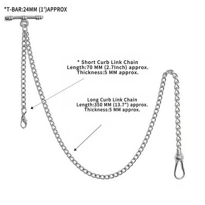 Single Albert Pocket Watch Chain with T-Bar Gold 8.Silver (Chain