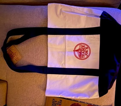 TRADER JOE'S LARGE CANVAS BAG HEAVY COTTON REUSABLE TOTE BAG NAVY BLUE BAG