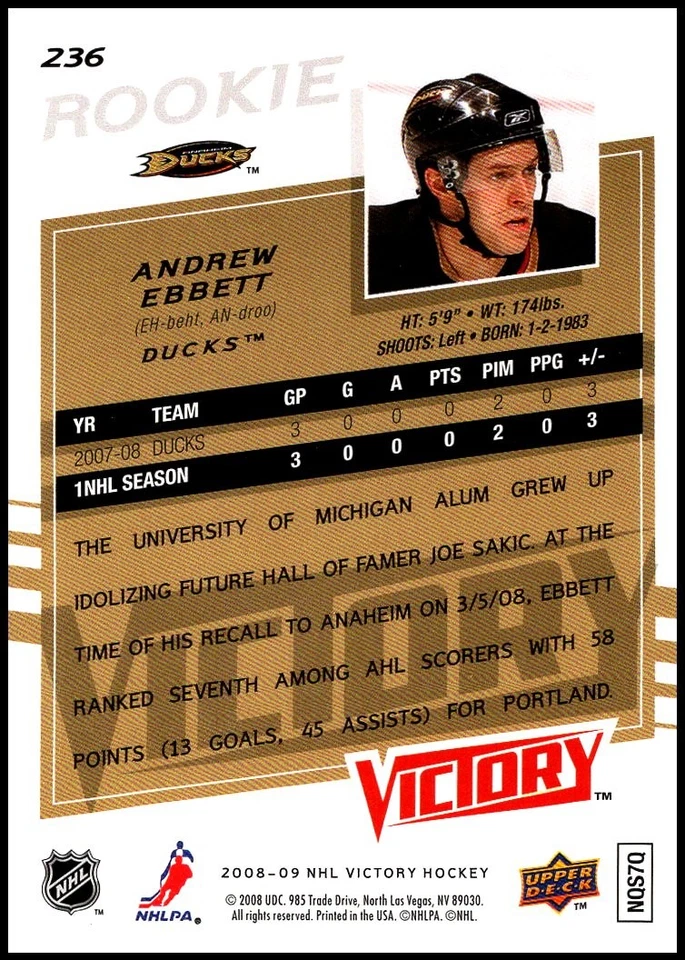 2008-09 UD Victory #236 Andrew Ebbett - Rookie RC FREE SHIPPING! - Image 2 of 2
