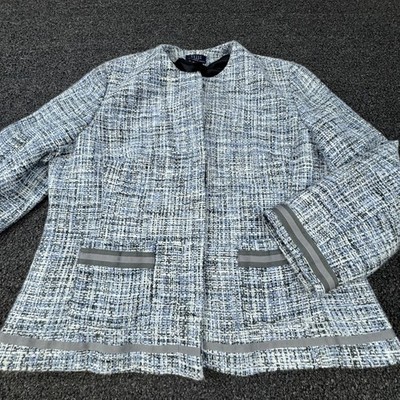 Crazy Horse Liz Claiborne Jacket Womens XL Blue Tweed Boucle Open Front Trim