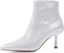 Silver Rhinestone Ankle Bootie Pointed Toe Sparkly Wedding Party Statement NEW 8