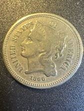 1866 Three Cent Nickel 3¢ Coin - Fine Condition - First Year Issue