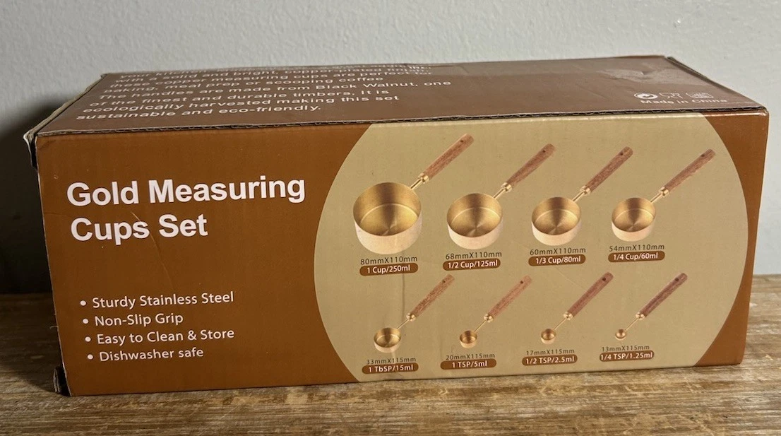 Gold Measuring Cups Spoons Set Wood Handles Stainless Steel