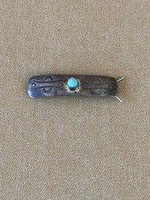 Vintage Navajo Turquoise Hand Stamped Sterling Silver 925 Hair Barrette Clip
