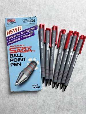 #ad Vintage Sanford Saga Red Ink Pens Fine Ball Point Rubberized 7 Total Pens 90s $49.30