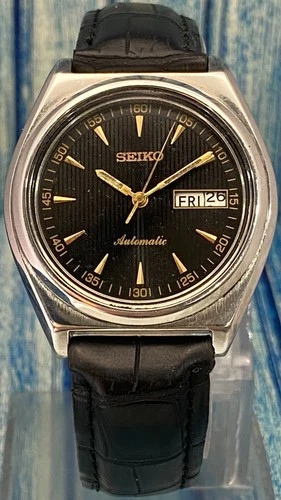 Vintage Classic Automatic Seiko5 Black Dial 7009 with "D/D" Watch Leather Strap