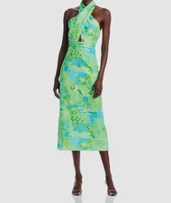 Rhode Women's Green Linen Printed Crossover Self-Tie Halter Paolo Dress Size 8