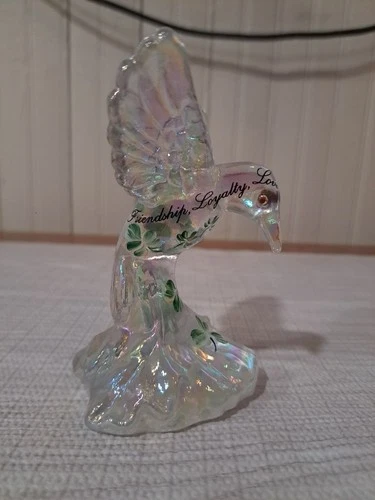 Fenton Iridescent Glass Hummingbird Figurine Hand Painted And Signed W/ Shamrock