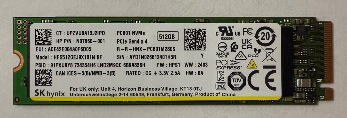 SK Hynix 512GB SSD M.2 NVMe PCIe Gen4 x4 PC801