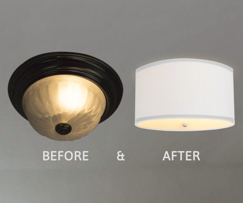 Moderne Flush Mount Conversion Kit 18"w White Linen  Shallow Drum Lampshade - Bild 3 von 5