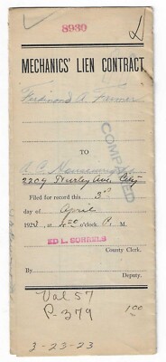 Original 1923 Mechanics' Lien Contract for Work on a House in Fort Worth Texas