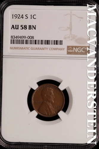 1924-S Lincoln Wheat Cent - NGC AU 58 BN - Scarce  No Reserve  #SLH100