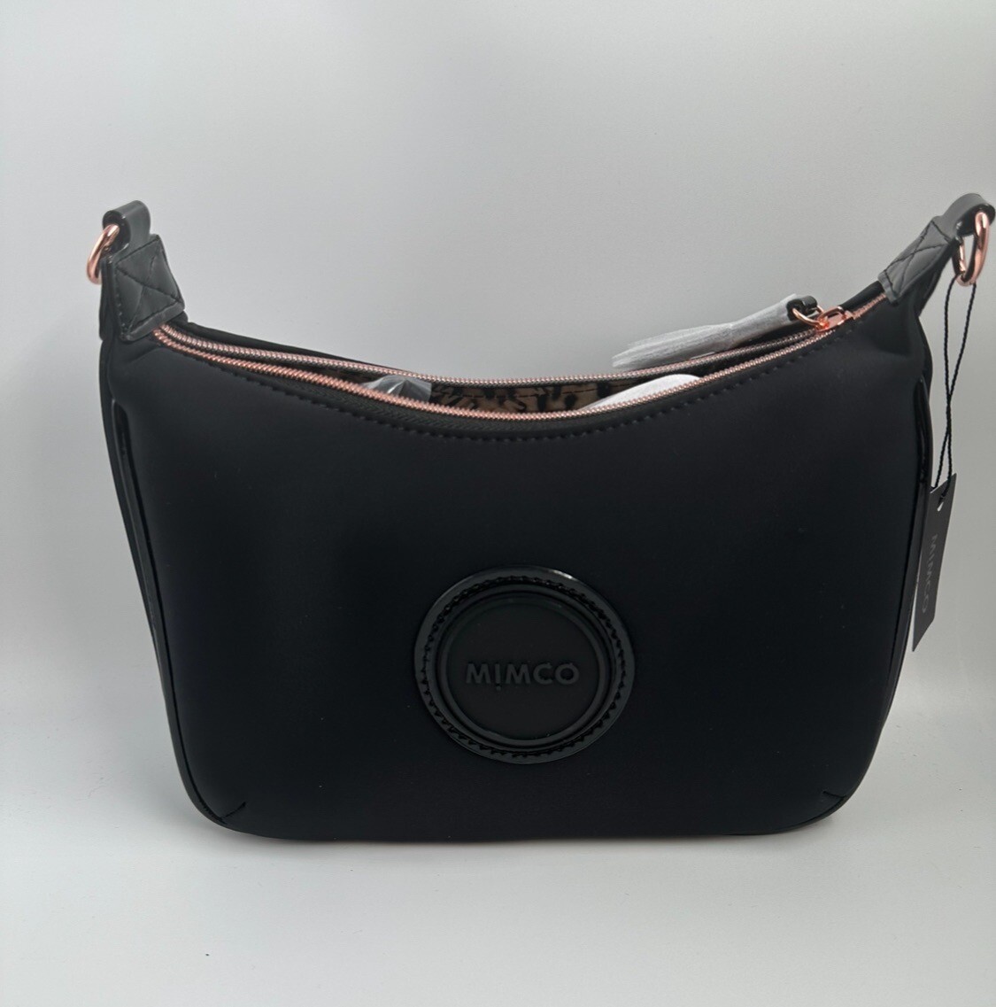 MIMCO Serenity Crescent CrossBody Bag Black Rosegold •Black & White