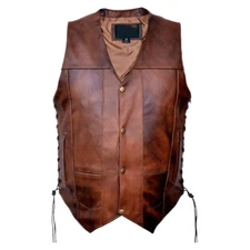 Men's Brown Lambskin Leather Biker Vest 10 Pockets Concealed Carry Retro Jacket