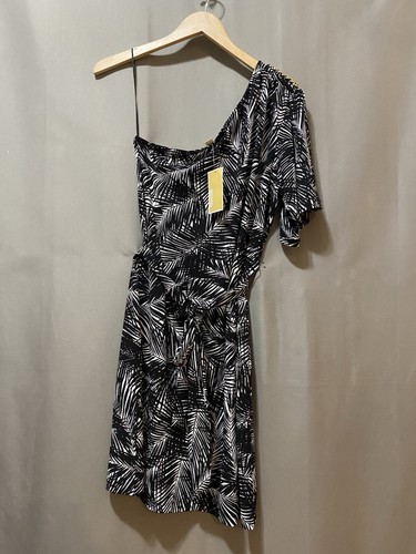 NWT Michael Kors Women Asymmetric One Shoulder Belt Mini Dress SZ M Black/White - Picture 1 of 14