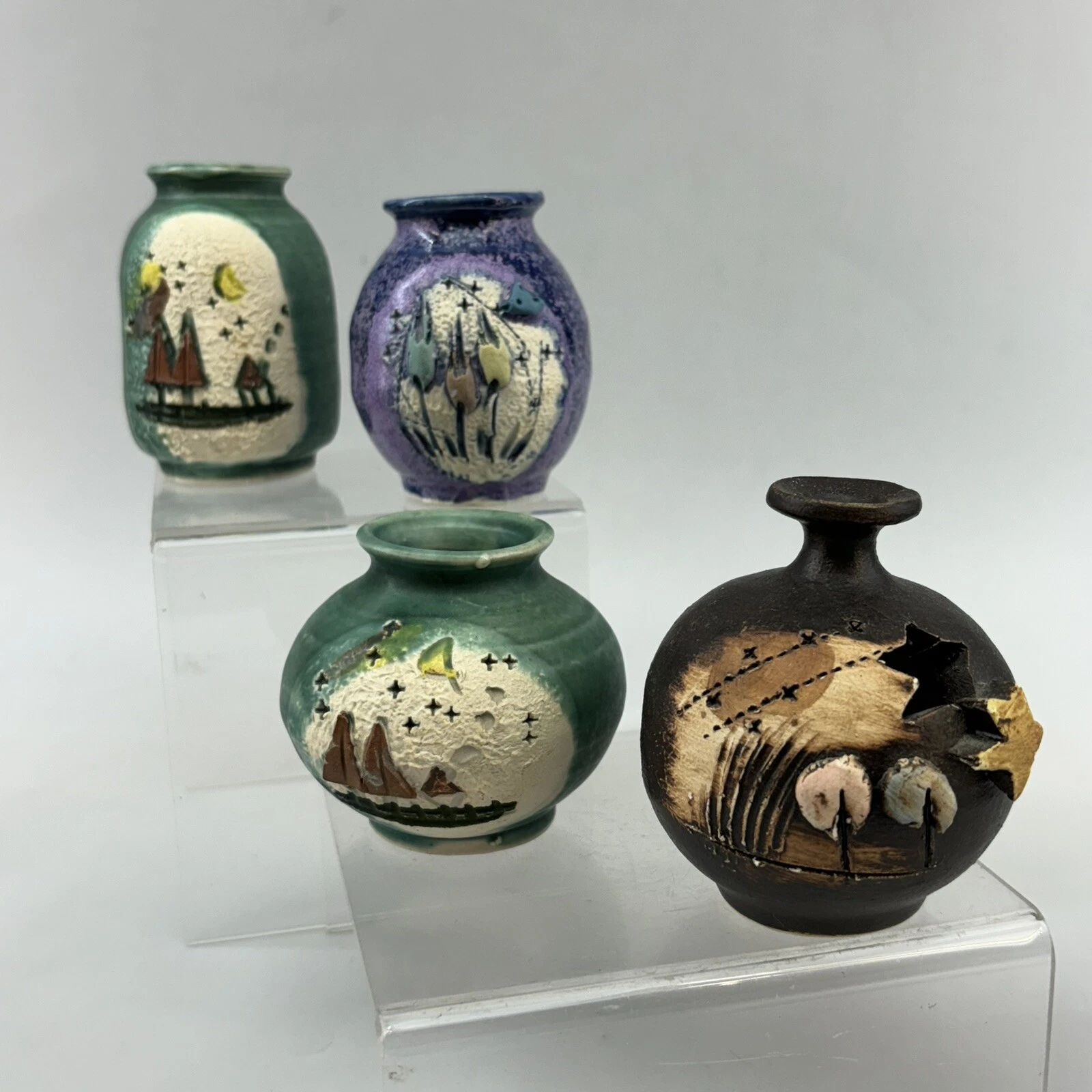 Fun Miniature Lot/4 Textured Art Pottery Vases￼￼ Floral Various Colors Mint Cond