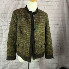talbots petites Tweed Jacket brown olive orange open front sz 14P business