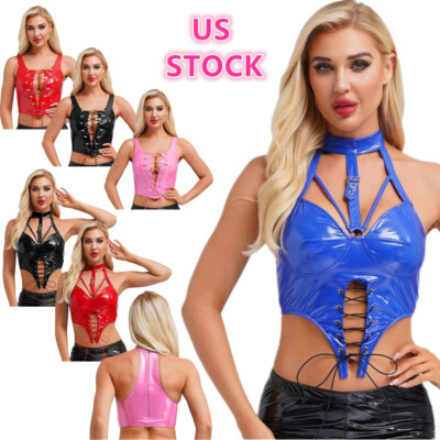 Women Wetlook Faux Leather Crop Tank Top Lace Up Tie Front