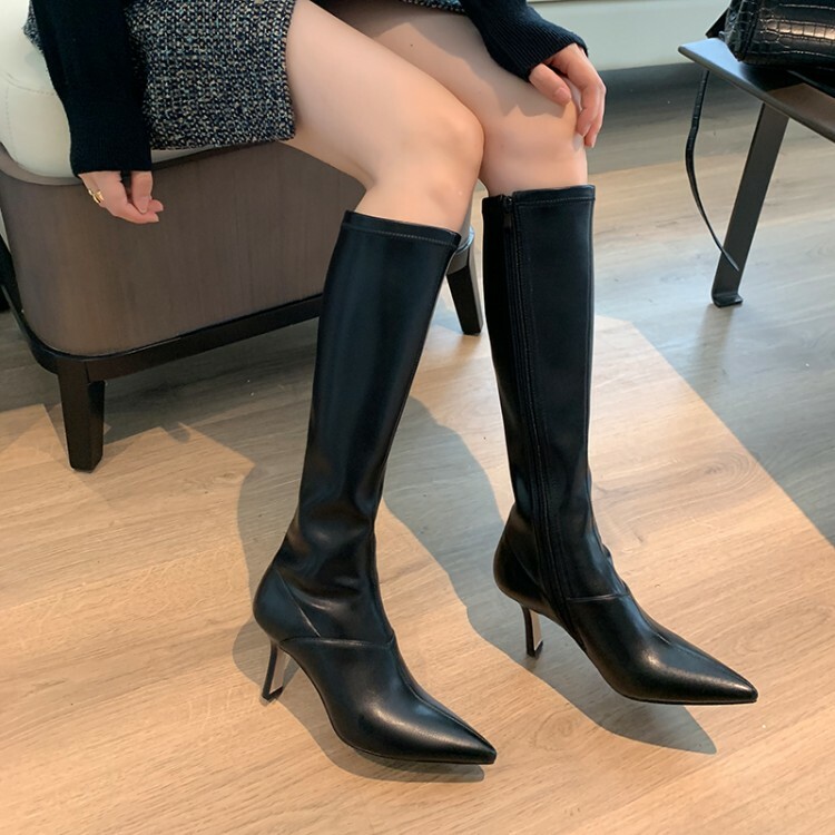 Women Kitten Heels Stretch Knee High Riding Boots Pointed Toe Side Zip  Shoes New