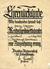 EHRENURKUNDE F&Uuml;R DIE REICHSJUGENDWETTK&Auml;MPFE 1928