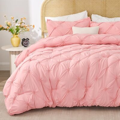 Pink Comforter Set Queen-3Pcs Pintuck Bedding Comforter Sets,Lightweight Soft