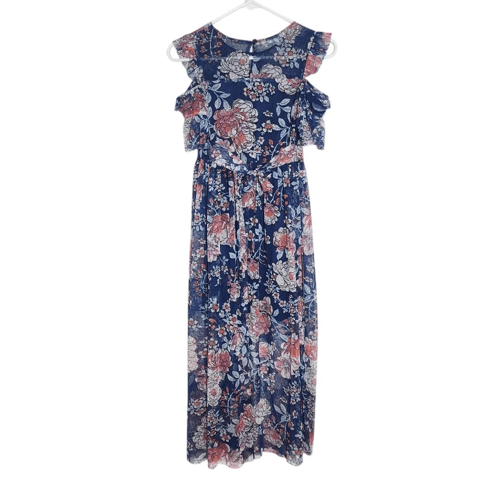 Vestido de fiesta Bonnie Jean azul floral de malla con recortes en el hombro talla 14 Foto 2 de 4