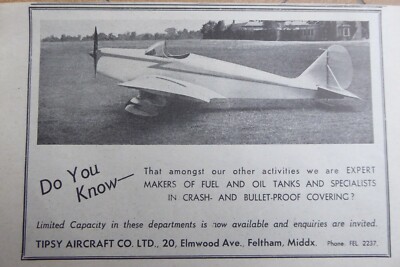2/1946 PUB THE TIPSY AIRCRAFT FILZHAM FLUGZEUG ORIGINAL ANZEIGE