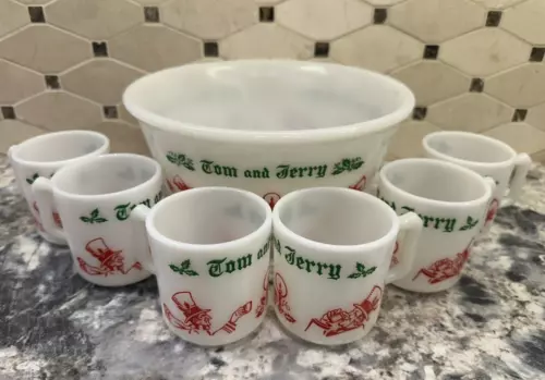 Vtg Hazel-Atlas Tom Jerry Punch Bowl Set 6 Mugs Milk Glass Holiday Egg Nog MCM