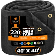 Xpose Safety Heavy Duty Mesh Tarp, 40’ x 40’ Multipurpose Black Protective Cover