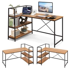 Reversible L Shaped Computer Desk Corner Workstation w/3-Tier Open Shelf Walnut
