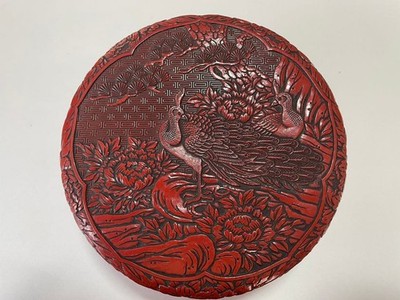 Red Urushi Lacquered Peafowl & Flower Carved Bowl & Plate Set Used