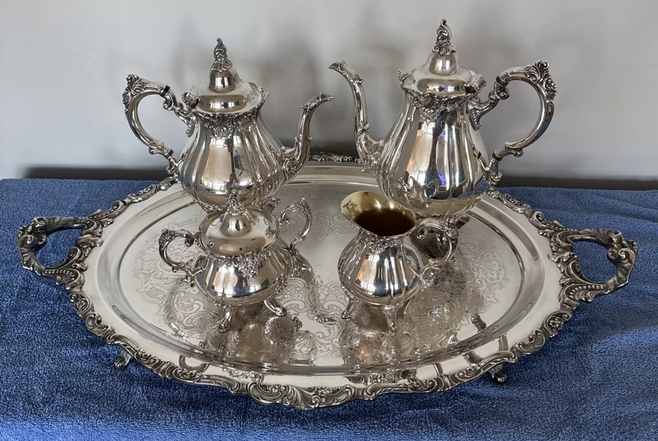 Juego de té barroco de Wallace plateado elegante detallado juego de 5 piezas vintage Foto 2 de 4