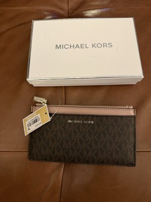 NWT MICHAEL KORS Women's Large Leather Slim Wristlet Pouch Clutch Brown