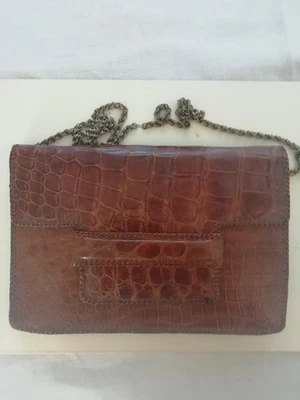 Sacoche Cuir Imitation Croco - Vintage 1940, 29x24x8cm, Besace Marron