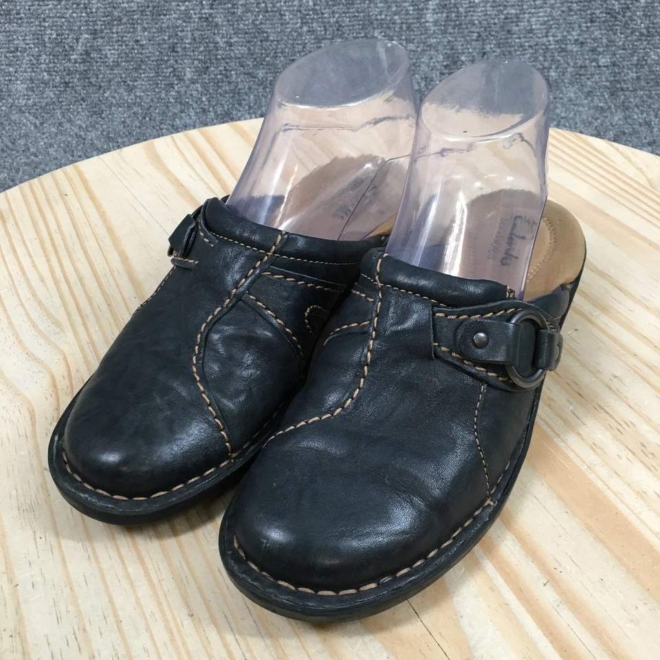 Clarks Womens 6M Black Bendables Leather Slip On Mules Clogs Comfort Shoes - Image 3 of 4