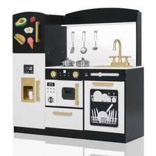 Pretend Kitchen Playset for Kids, Interactive Play Kitchen Wooden Toy Set w/R...