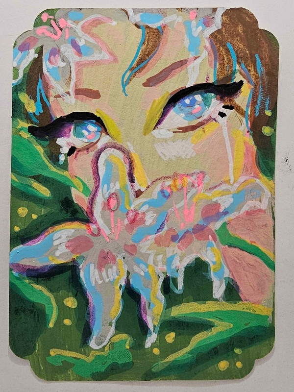 ACEO Fantasy Pretty Teary-Eyed Flower Acrylic Mixed Media by Jo Luizen
