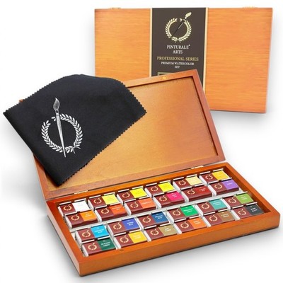 Pinturale Arts Aquarellfarben Set 24 Farben große Töpfe Holzkasten Künstler
