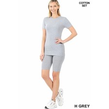 Zenana Cotton Round Neck Top  Biker shorts set H-Grey - Small