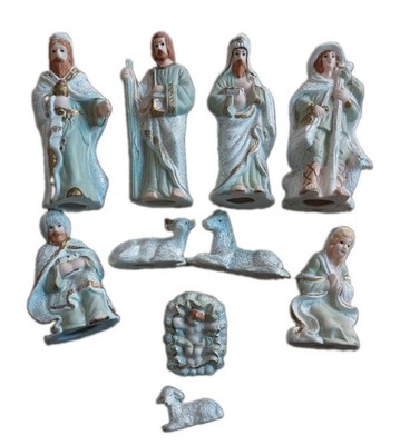 Vintage 10-teiliges Krippenset in Box. Weihnachtsdeko mit Glitzer 