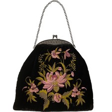 Vintage Style Embroidered Black Velvet Clutch Bag Pink Green Floral Chain Handle